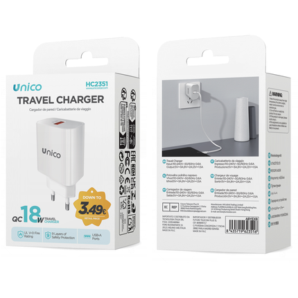 UNICO CARICATORE DA VIAGGIO PORTA SINGOLA QC18W BIANCO