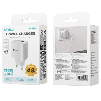 UNICO CARICATORE DA VIAGGIO DOPPIA PORTA USB C+A PD20W+QC18W BIANCO