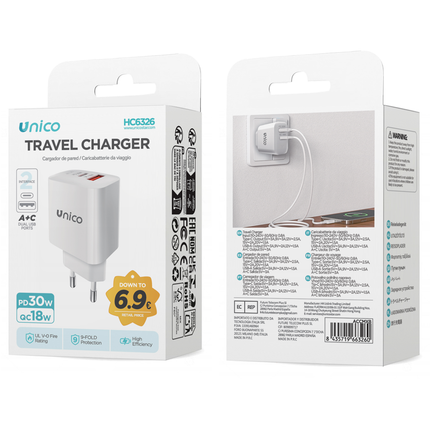 UNICO CARICATORE DA VIAGGIO DOPPIA PORTA USB C+A PD30W+QC18W BIANCO