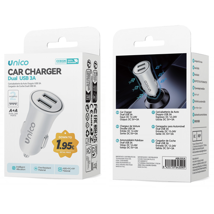 UNICO CARICATORE DA AUTO DOPPIA USB 3A BIANCO