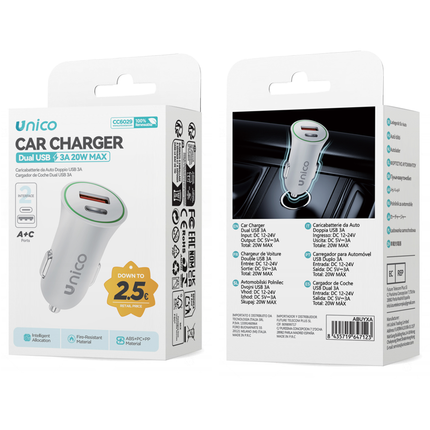 UNICO CARICATORE DA AUTO DOPPIA PORTA USB C+A 3A BIANCO