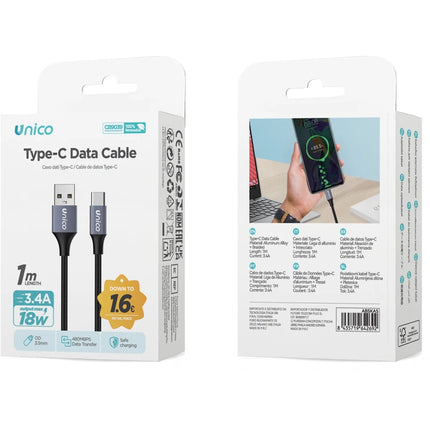 UNICO CAVO A-C 3.4A 1 M IN LEGA DI ALLUMINIO INTRECCIATO OD3.5 GRIGIO CANNA DI FUCILE