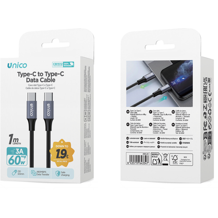 UNICO CAVO DATI RICARICA RAPIDA C-C 3A PD60W 1 M IN LEGA DI ALLUMINIO INTRECCIATO OD3.5 GRIGIO CANNA DI FUCILE
