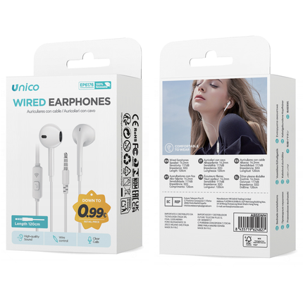 UNICO AURICOLARI CON FILO SEMI-IN-EAR JACK 3.5 MM BIANCO
