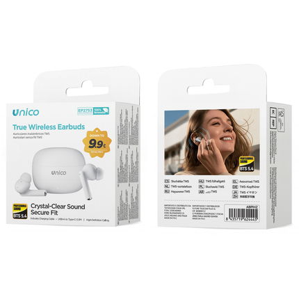 UNICO AURICOLARI BLUETOOTH TWS IN-EAR STELO LUNGO 300 MAH (CON CAVO A-C 0,3 M) BIANCO OPACO