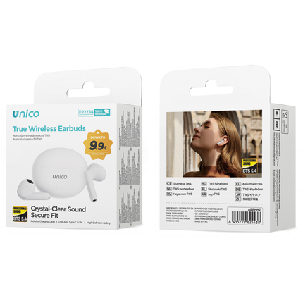 UNICO AURICOLARI BLUETOOTH TWS SEMI-IN-EAR STELO LUNGO 300 MAH (CON CAVO A-C 0,3 M) BIANCO LUCIDO