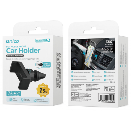 UNICO SUPPORTO DA AUTO PER BOCCHETTA D’ARIA CON CLIP ROTAZIONE 360° NERO