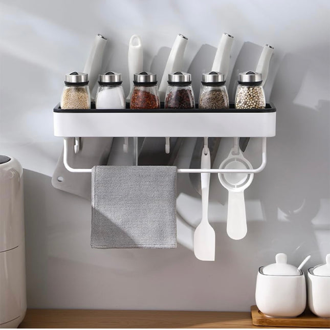 Mensola da Cucina Senza Foratura,plastica Porta Utensili da Cucina con 5 Ganci, 40cm Utensili da Cucina a Parete Mensola Organizer