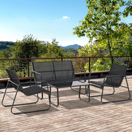 GIARDIN Set Tavolino con Panchina e 2 Sedie da Giardino, Arredamento da Esterno in Metallo e Texteline, Nero