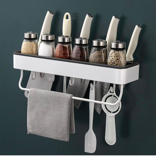 Mensola da Cucina Senza Foratura,plastica Porta Utensili da Cucina con 5 Ganci, 40cm Utensili da Cucina a Parete Mensola Organizer