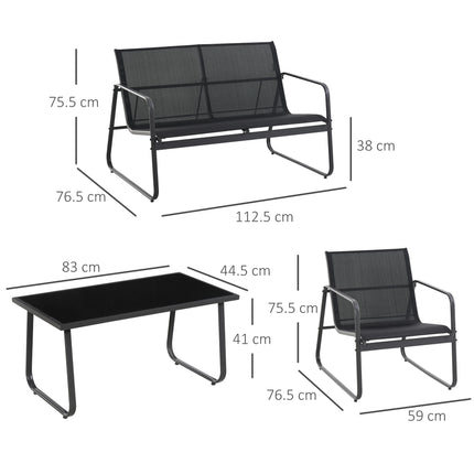 GIARDIN Set Tavolino con Panchina e 2 Sedie da Giardino, Arredamento da Esterno in Metallo e Texteline, Nero