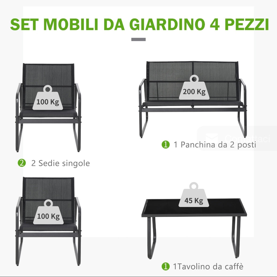 MEGA Set Tavolino con Panchina e 2 Sedie da Giardino, Arredamento da Esterno in
Metallo e Texteline, Nero