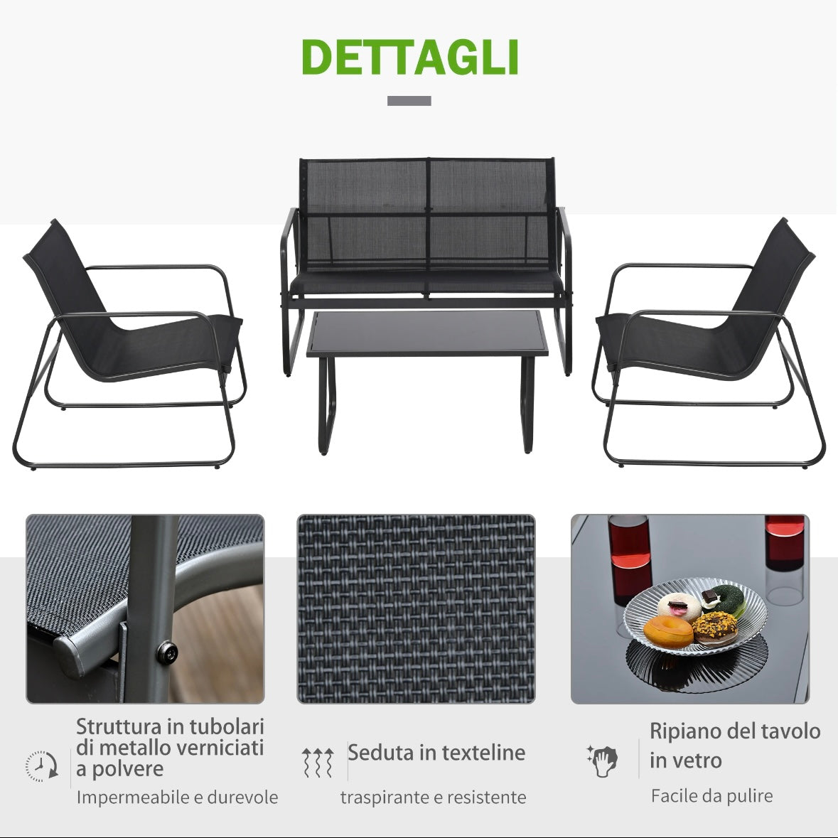 MEGA Set Tavolino con Panchina e 2 Sedie da Giardino, Arredamento da Esterno in
Metallo e Texteline, Nero