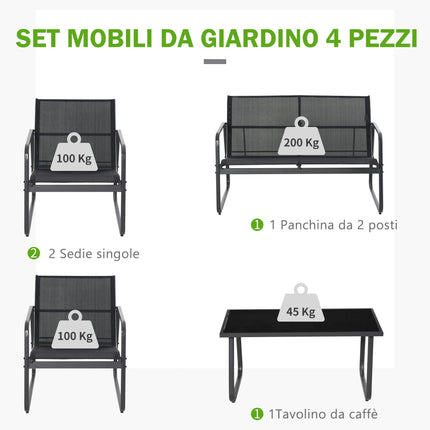GIARDIN Set Tavolino con Panchina e 2 Sedie da Giardino, Arredamento da Esterno in Metallo e Texteline, Nero