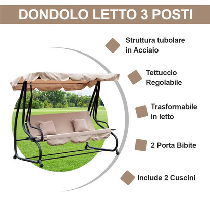 Dondolo Letto da Giardino 3 Posti Tetto Reclinabile Cuscini Beige 235x126x170 cm