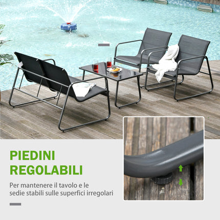 GIARDIN Set Tavolino con Panchina e 2 Sedie da Giardino, Arredamento da Esterno in Metallo e Texteline, Nero