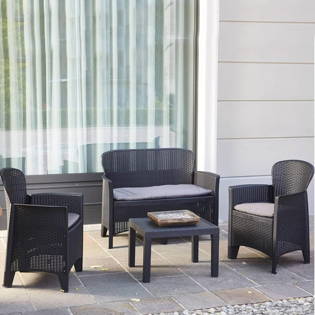 Salotto Da Giardino Esterno con 2 Poltrone 1 Divano e 1 Tavolino con cuscini