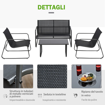 GIARDIN Set Tavolino con Panchina e 2 Sedie da Giardino, Arredamento da Esterno in Metallo e Texteline, Nero