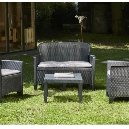 Salotto Da Giardino Esterno con 2 Poltrone 1 Divano e 1 Tavolino con cuscini