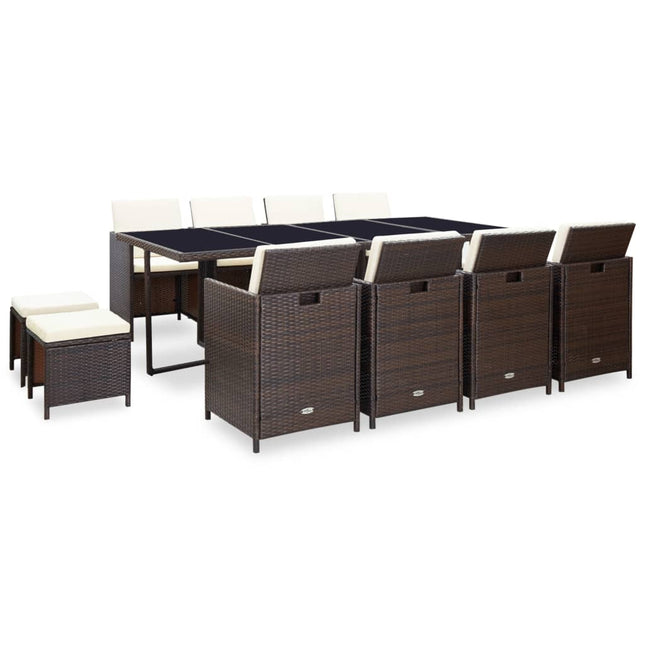 Set da Pranzo da Giardino 13 pz con Cuscini Polyrattan Marrone