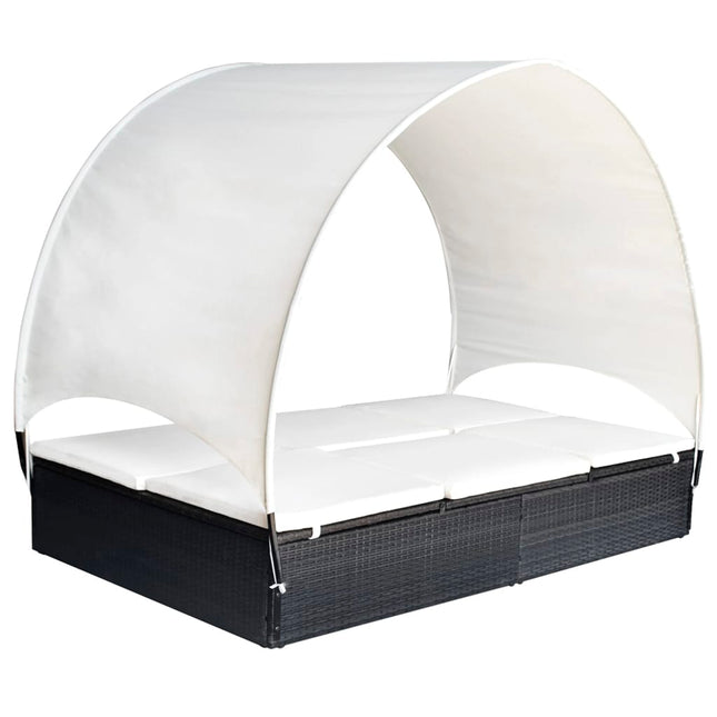 Lettino Prendisole Doppio con Baldacchino in Polyrattan Nero