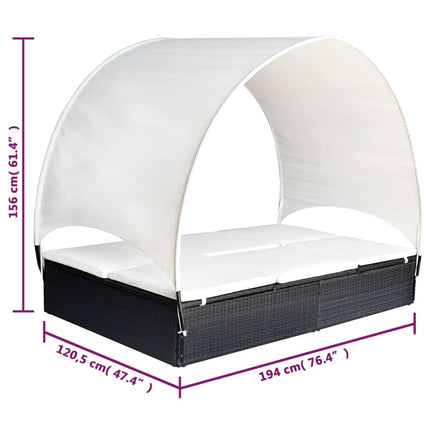 Lettino Prendisole Doppio con Baldacchino in Polyrattan Nero