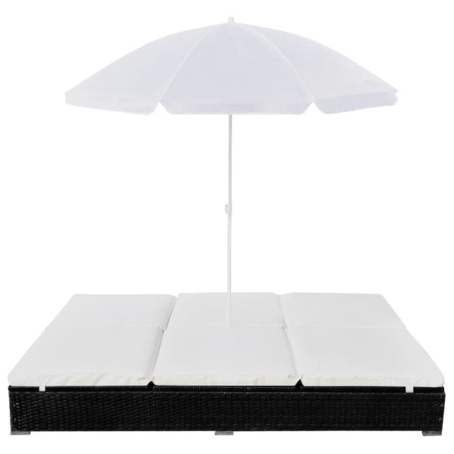 Lettino Prendisole con Ombrellone in Polyrattan Nero