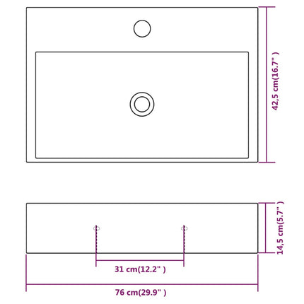 Lavandino con Foro Rubinetto in Ceramica Bianca 76x42,5x14,5 cm
