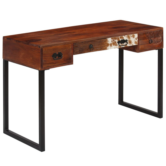 Scrivania Legno Massello di Sheesham e Vera Pelle 117x50x76 cm