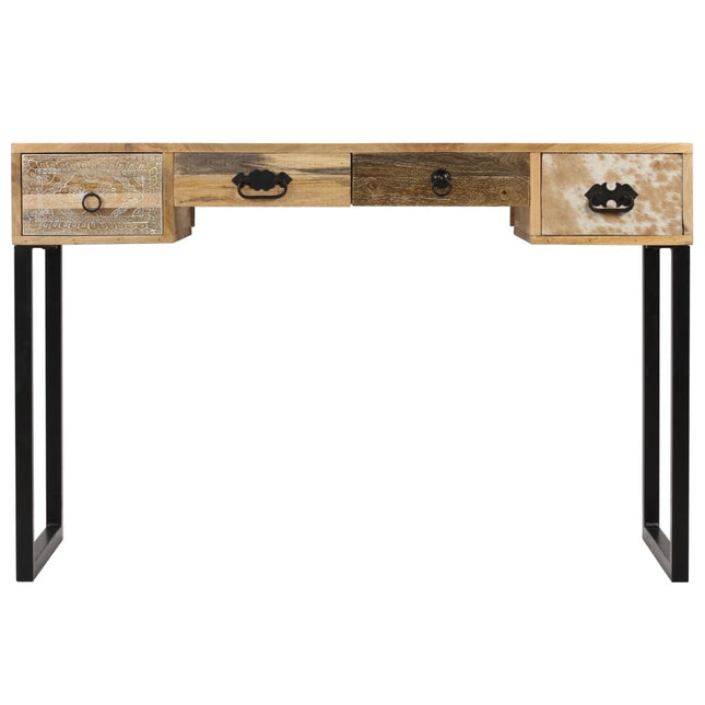 Scrivania in Legno Massello di Mango e Vera Pelle 117x50x76 cm