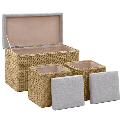 Panca e 2 Pouf in Giunco Grigio