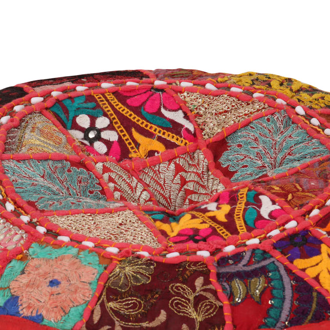 Pouf Patchwork Rotondo Fatto a Mano in Cotone 40x20 cm Rosso