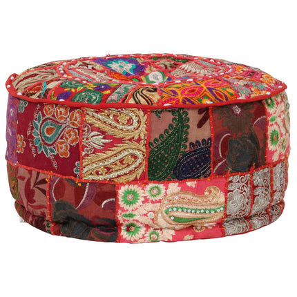 Pouf Patchwork Rotondo Fatto a Mano in Cotone 40x20 cm Rosso