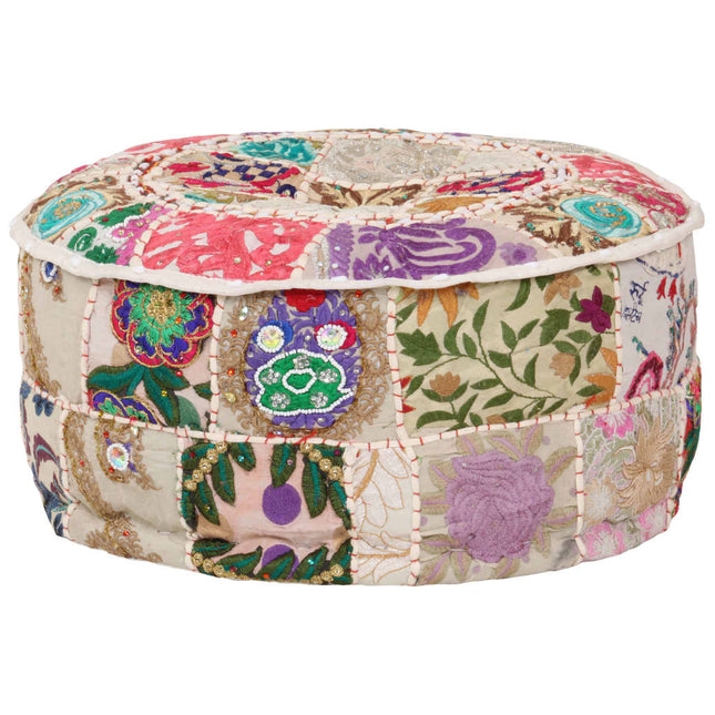 Pouf Patchwork Rotondo Fatto a Mano in Cotone 40x20 cm Beige