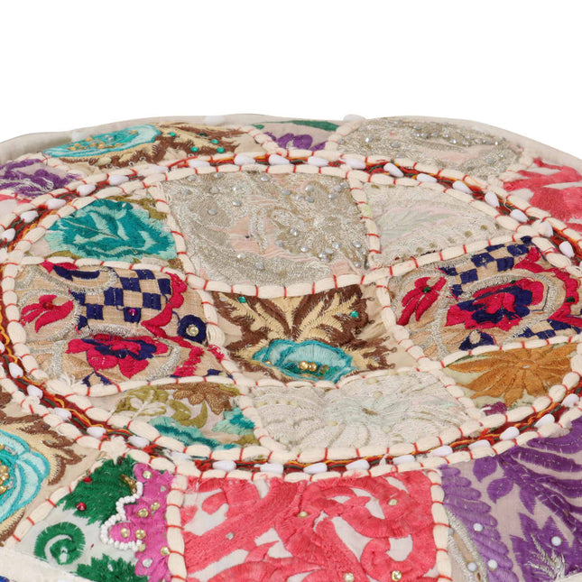 Pouf Patchwork Rotondo Fatto a Mano in Cotone 40x20 cm Beige