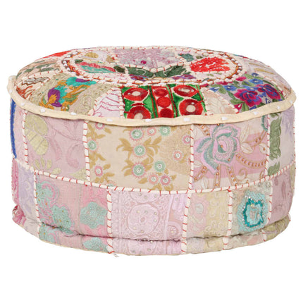 Pouf Patchwork Rotondo Fatto a Mano in Cotone 40x20 cm Beige