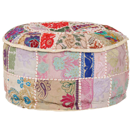 Pouf Patchwork Rotondo Fatto a Mano in Cotone 40x20 cm Beige