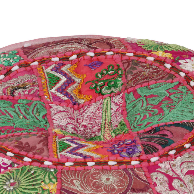 Pouf Patchwork Rotondo Fatto a Mano in Cotone 40x20 cm Rosa