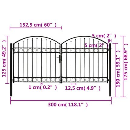 Cancello a Doppia Anta ad Arco in Acciaio 300x125 cm Nero