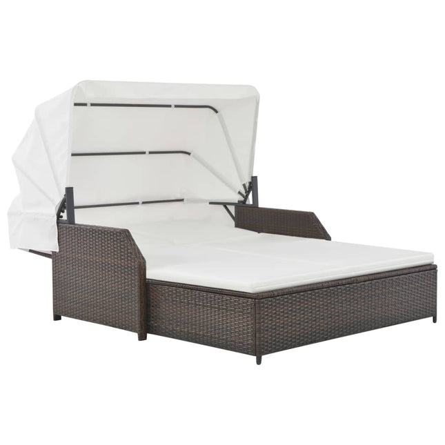 Lettino Prendisole 2 Posti con Tettuccio in Polyrattan Marrone