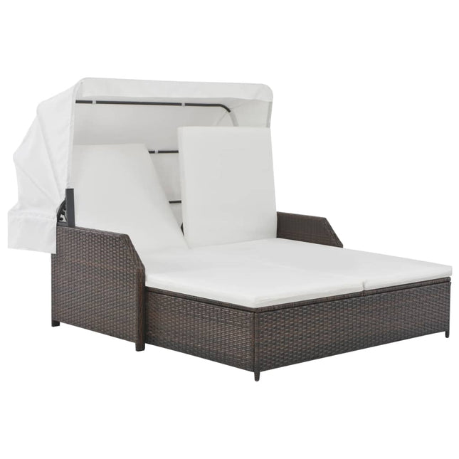 Lettino Prendisole 2 Posti con Tettuccio in Polyrattan Marrone