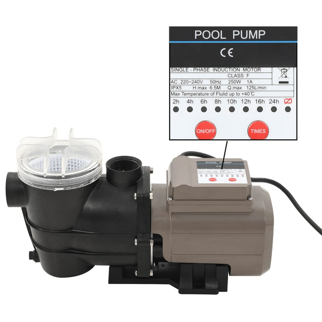 Pompa per Piscina con Timer Nera 0,25 HP 8000 L/h