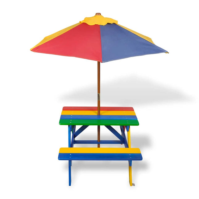 Tavolo e Panchine per Bambini con Parasole Legno Multicolore
