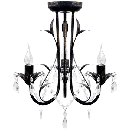 Lampadario Art Nouveau Nero Metallo Perline Cristallo e Lampadine E14