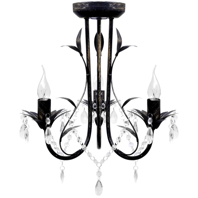 Lampadario Art Nouveau Nero Metallo Perline Cristallo e Lampadine E14