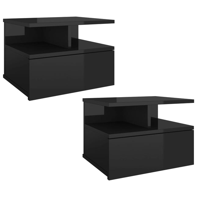 Comodini Pensili 2pz Nero Lucido 40x31x27 cm Legno Multistrato