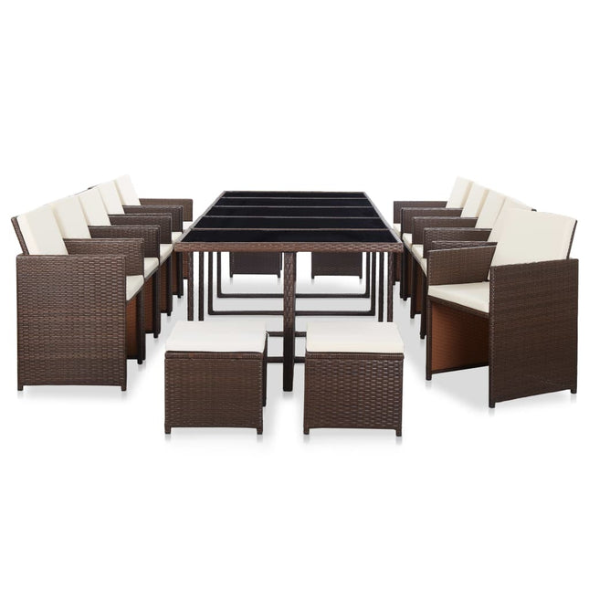 Set da Pranzo da Giardino 15 pz con Cuscini Polyrattan Marrone