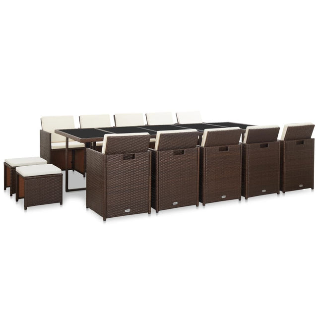 Set da Pranzo da Giardino 15 pz con Cuscini Polyrattan Marrone