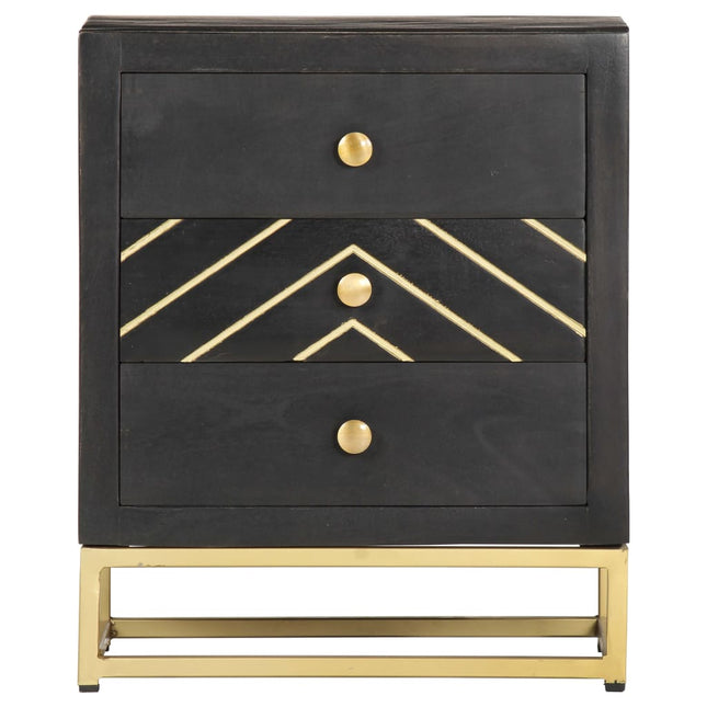 Comodino Nero e Oro 40x30x50 cm in Legno Massello di Mango