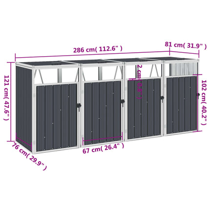 Copri Bidone Rifiuti Quadruplo Antracite 286x81x121 cm Acciaio